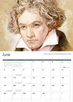 A brochure calendar inside page. In the upper half is a painting of Beethoven, in the lower half is a huge calendrical.