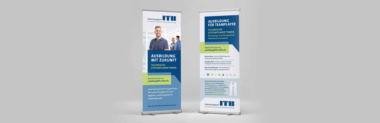 Layout für ITB-Recruiting-Roll-ups, Infoflyer und Visitenkarten