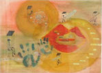 Titelbild des Bettelstabkalenders, Kath.ForumDo, Titel: "vom andern aus", 45x65 cm, Mischtechnik