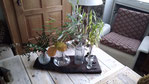 Blumenvasenbrett 70 x 26, uralte Eiche m. Glasvasen (2.60)