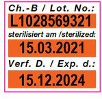 Vordrucketikett mit Geräteandruck Lot-Nummer, Sterilisationsdatum und Verfallsdatum
