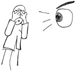 un gros oeil regarde mechamment un homme qui se cache les yeux