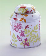 Boite ronde 120g env. fond blanc et dessin stylisé japonais couleur pastel.