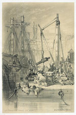 Jules Noël, Le travail dans le port (série « Les Bagnes »), 1844, dessin au crayon sur papier à gommer, musée des beaux-arts de Brest.