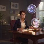 AI generated picture of Sandra Herz looking into glass balls to predict the AI future