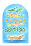 5つのパンと2匹の魚、ガリラヤ湖に浮かぶ主の舟、オリーブ、麦