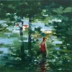 Das Bad im See, 80x80 cm, 2022, Öl auf Leinwand