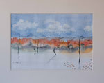 Landschaft,  Künstlerin: Karin Wolter,  Größe 50 x 40 cm (ca. 40 x 28 cm ohne Passepartout), Aquarell,  Blatt, Passepartout, auf Karton, Bild Nr. 065/1