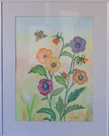 Blumen und Schmetterling,  Künstlerin: Karin Wolter, Größe 41 x 51 cm (ca. 30 x 40 cm ohne Rahmen), Aquarell , Passepartout, Plastikrahmen, Glasabdeckung Bild Nr. 089/1, Spendenvorschlag 250 €