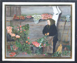 Alte Frau schneidet Blumen , Künstlerin: Karin Wolter,  Größe 60 x 50 cm (50 x 40 cm ohne Rahmen), Öl auf Leinwand , Holzrahmen,  Bild Nr. 033/1, 180 €