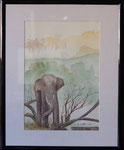 Elefant , Künstlerin: Karin Wolter, Größe 42 x 53 cm (ca. 27 x 39 cm ohne Rahmen), Aquarell,  Passepartout, Plastikrahmen, Glasabdeckung Bild Nr. 095/1, 100 €