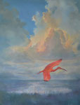 "Bewegingsvrijheid" 2020, 80x60 cm. Olieverf op linnen. Ontstijg en zweef boven de kleur van alledag. Verbind die hemel met de aarde. De Rode Ibis is een iconische vogel van Venezuela.