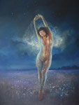" maanverlichte vuurvliegjes "  2023, 60x80, olieverf op doek.  Juist in het donker hebben we behoefte aan de nabijheid van iets moois, ook al kunnen we dat dan niet zien.