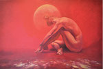 "Eclatant Rood" 2021, 60x90 cm, olieverf op doek. Rood is zo'n ontroerende kleur met emotie. Aan de ene kant heb je geluk, verliefdheid, passie. Aan de andere kant obsessie, gevaar, angst, woede. Daartussen een houding vinden creëert licht.