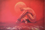 "Eclatant Rood" 2021, 60x90 cm, olieverf op doek. Rood is zo'n ontroerende kleur met emotie. Aan de ene kant heb je geluk, verliefdheid, passie. Aan de andere kant obsessie, gevaar, angst, woede. Daartussen een houding vinden creëert licht.