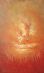 "Lisdodde" 2024, 60x100 cm. Olieverf op getextureerd paneel. Zonneschijn is verrukkelijk, regen is verfrissend, wind geeft energie, sneeuw is opwindend; er bestaat eigenlijk niet zoiets als slecht weer.  Alleen veel soorten prachtig weer.