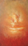 "Lisdodde" 2024, 60x100 cm. Olieverf op getextureerd paneel. Zonneschijn is verrukkelijk, regen is verfrissend, wind geeft energie, sneeuw is opwindend; er bestaat eigenlijk niet zoiets als slecht weer.  Alleen veel soorten prachtig weer.