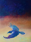 'De blauwe Raaf vliegt over de wereld'  60X80 cm. 2025. Olieverf op doek. Raven hebben een enorm goed geheugen, ze observeren het gedrag van de werelden onder de sterren. 