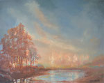 Het eerste licht. 2019, 50x60. Het ongrijpbare eerste licht van een mooie dag. Dat licht dat je bewegingen laat zien, ruimte laat beleven. 