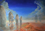 "Het licht uit steen geboren". 2021. 80x120, olieverf op doek. " Licht uit rots gehouwen en Materie uit mist geboren".   De mens geeft soms meer licht als de dageraad. Staande stenen als oudste uitdrukking om te zeggen: Ik leef, Ik was hier.