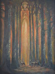 "Gotische reetjes", 2015, 50x60, acryl en olieverf op board. Het heilige licht van de herfst, de stilte van de echo's in het statige bos. 