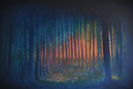 "Sterren dansen in het bos " 2024, 120x80. Olieverf op doek.   Een dans van mijn overleden moeder in het bos.  Er is een ochtend binnenin je die wacht om in het licht open te barsten.