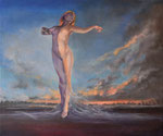 "wervelwind" 50x60, olieverf op doek 2017-2020. Elegante, stille windvlaag bij zonsondergang over de open velden.