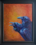 "Huginn en Muninn" . 60X80 cm. 2025. Olieverf op doek.  De twee raven van Odin fluisteren nieuws uit de verschillende werelden in zijn oren.