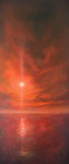 "Karmijnrode Schemering". 2024. 50X122. Olieverf op paneel. ".       De stilte is van het landschap, het fluisteren van het riet. Het zingen is van het licht.