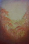 cloudforest. 2024, 75x50, een uitzicht over mijn terrein in Venezuela met Bucares, de oranje bloeiende bomen. 