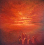 "Crepúsculo"  2024, 120X120, olieverf op linnen.   Alleen vanuit het hart kun je de hemel aanraken. Als het zowat nacht is en bijna geen dag. Die momenten voor alles wat verdwenen is om terug te komen .