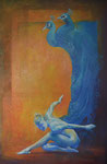 "Pas de deux" 2020. 60 x 90cm. Olieverf op paneel.       De ademloze uitdrukking van een te lang ingehouden gevoel .