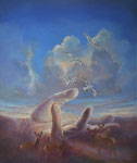 Overhandigen, 50x60cm, 2020. Olieverf op doek. .     De tastbare taal die het landschap je overhandigt wanneer je de hand reikt en luistert.