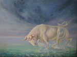 "De onbevangen kracht van blij door het water dansen"  2024, 60x80cm, Olieverf op doek. Oppergod Zeus in zijn vermomming van witte stier huppelt blij door het ondiepe water. Gewoon omdat het kan . En fijn is.