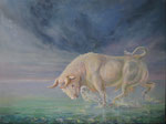 "De onbevangen kracht van blij door het water dansen"  2024, 60x80cm, Olieverf op doek. Oppergod Zeus in zijn vermomming van witte stier huppelt blij door het ondiepe water. Gewoon omdat het kan . En fijn is.