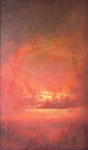 "El Sol de los Venados". 2024, 60x100cm. Olieverf en gesso-ornamenten op paneel. De “zon van het hert” is een zeer Venezolaanse uitdrukking in de plattelanden van de Orinoco, als de herten in de avond buiten de bossen komen grazen.