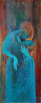'Een liefdevolle omhelzing' 2024, 33 X 79 cm.  Houten Paneel met ijzerverf, olieverf en ornamenten in hoogte relief.  Na 10 jaar een terugkeer naar mijn Venezolaanse stijl, die geïnspireerd was door indiaanse rotstekeningen en petrogliefen