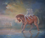 ."De Vier Heemskinderen" 2022. 100x120. Olieverf op doek. Vier stille en bijna onstoffelijke verschijningen van de dageraad samen met het oersterke en aardse Ros Beiaard. Een link tussen Keltische en vroeg middeleeuwse verhalen.