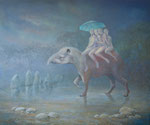  "Lumineuze overgang".  2023, 100x120, Olieverf op linnen.       "Levenslicht bij de Styx. Hier neem je niet meer mee wat je hebt. Je neemt alleen mee wat je gaf."