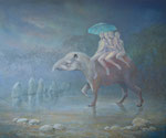 "Lumineuze overgang".  2023, 100x120, Olieverf op linnen.       "Levenslicht bij de Styx. Hier neem je niet meer mee wat je hebt. Je neemt alleen mee wat je gaf."