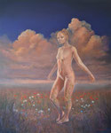 "Effloresence II" ( Er bloeit in een tuin in je zelf" ) 2023, 100x120.  Olieverf op linnen. Herinneringen zullen blijven bloeien.  “Verhef je woorden, niet je stem. Het is de regen die bloemen laat groeien, niet de donder.”