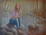 Portret van Patricia, in opdracht, 2023, 60x80cm. Olieverf op belgisch linnen. Verstilling en liefdevolle aandacht in deze serene omgeving maken van dit een bijzondere portret een weergave van innerlijk en uiterlijk.