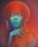 "Gedachten van een hemellichaam". 2022 . 100x120cm Olieverf op doek. Gedachtenwerelden, denkwijzen, zienswijzen: vele verlangens om vorm aan een wereldbeeld te geven.