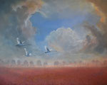 Formidabele Formatie Zwanen, 2024, 80x100cm. Olieverf op doek.  ....     `No bird soars too high if he soars with his own wings`.  William Blake