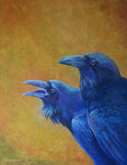 "Huginn en Muninn" . 60X80 cm. 2025. Olieverf op doek.  De twee raven van de oppergod Odin fluisteren al het nieuws uit de verschillende werelden in zijn oren.
