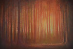 "De doorlopende tijd in een ononderbroken bos" 2024, 120x80. Olieverf op doek.     De tijd is zo groot, het licht groter. Een grasprietje vangt het licht. 