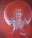 "Selene" 2022. 100x120cm, olieverf op doek. De weerschijn van de godin van de maan. Haar aureool is de maan zelf. In de reflectie van haar kristallen bol staat Orion. Selenes psyche is kosmisch:  Ze kan de hele zon bedekken