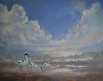 `Kluten in een zacht briesje`.  80 x 100 cm 2019, olieverf op doek .     De alerte vogels in de vroege dageraad. Gaat het regenen vandaag ? 