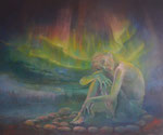 "Aurora Borealis ", 2023-25, 100x120cm. Olieverf op linnen. Het Noorderlicht. De onhoorbare wind van de langste nachten.  Er zweeft een eeuwenoude droom langs de hemel.