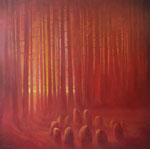 "In de diepe ziel van het bos"   2024. 120x120. Olieverf op doek.   Als het licht zich terugtrekt, neemt het niets mee van wat het heeft verlicht. De dieprode tonen geven de geschiedenis weer van de mensen en de geesten die daar ooit waren